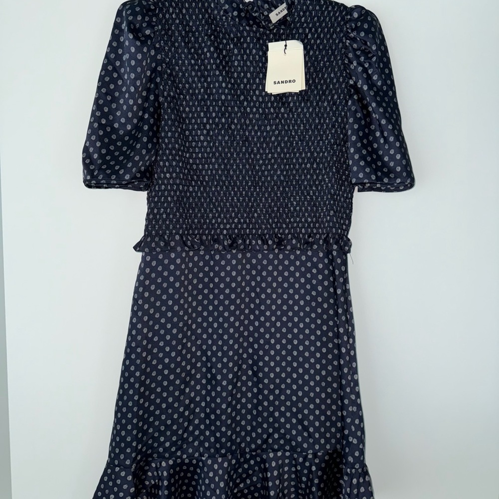 Sandro Midnight Blue Polka Dot Midi Dress